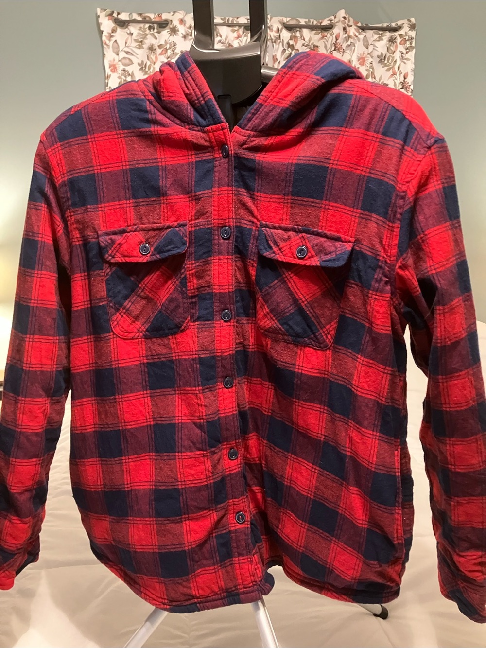Boston Traders Large Red Navy Plaid Sherpa Lined Hooded Shirt Jacket